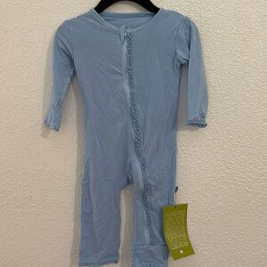 NWT-Kickee Pants-Bamboo light blue muffin ruffle Coverall w/ Zipper-Size 3-6 mon